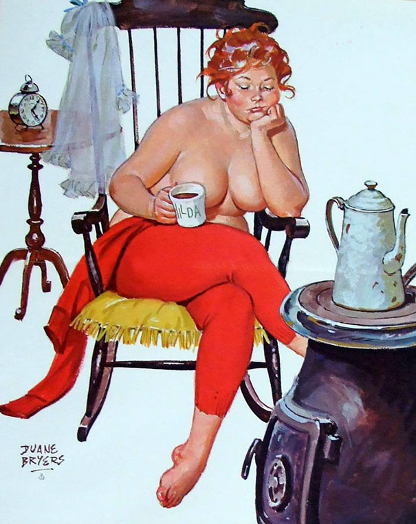 illustration of a plus-size girl stripped halfway drinking tea