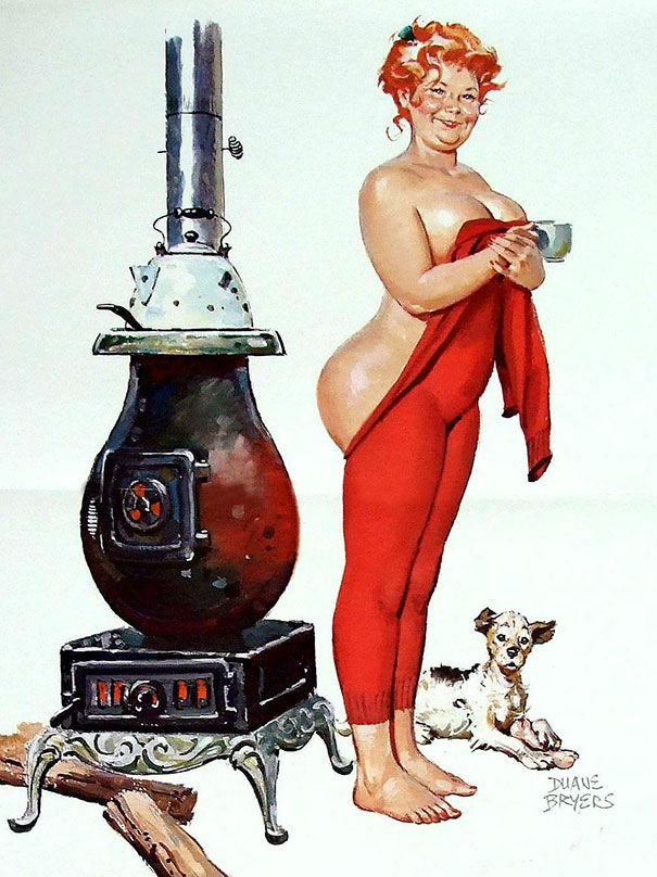 illustration of a plus-size girl wearing on a half red costume standing near the oven