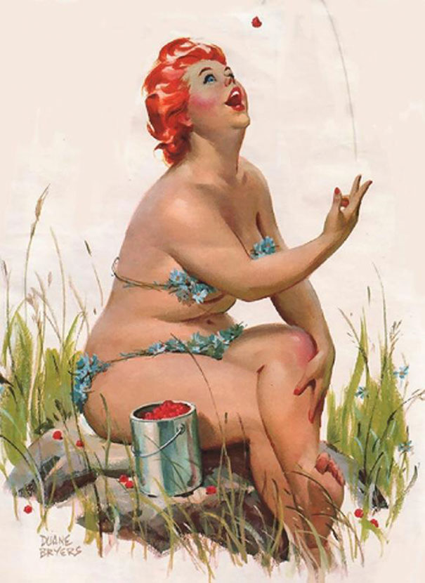 illustration of a plus-size girl eating raspberry on the stump