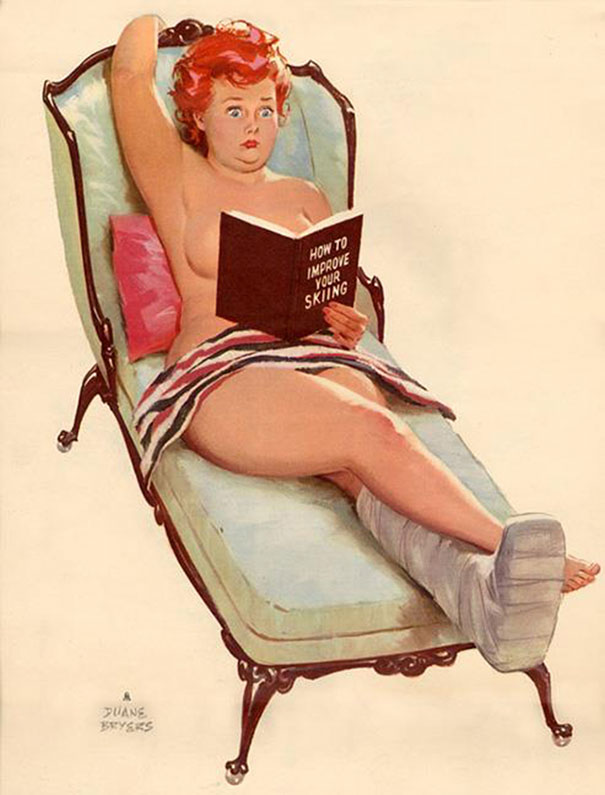 illustration of a plus-size girl with a plaster on her leg reading a book on the armchair