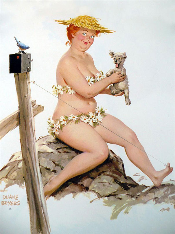 illustration of a plus-size girl making photo with her dog