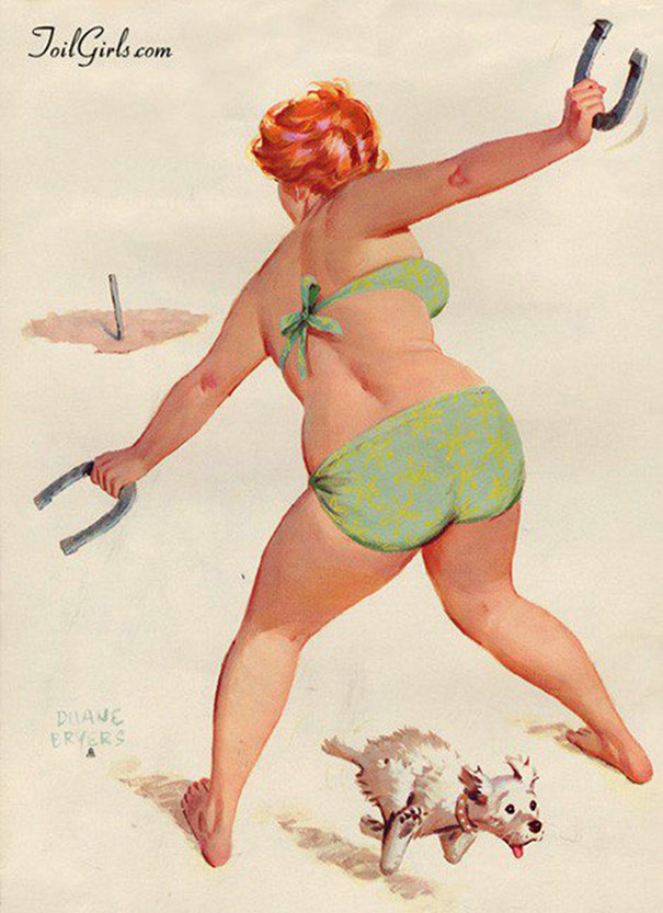 illustration of a plus-size girl standing with two horseshoes on her hands