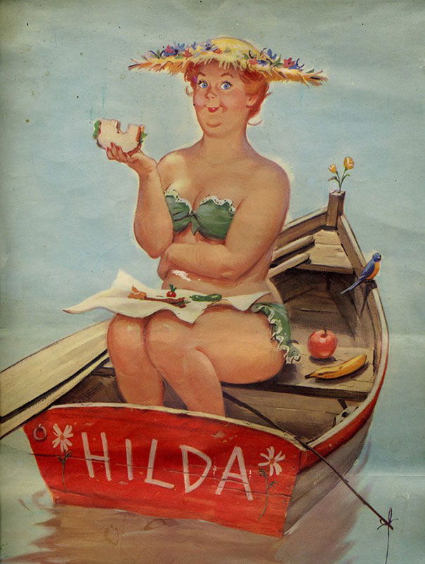 illustration of a plus-size girl eating sandwitch in the boat