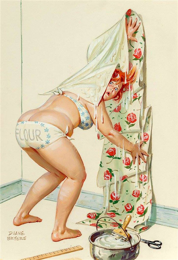 illustration of a plus-size girl gluing a wallpaper