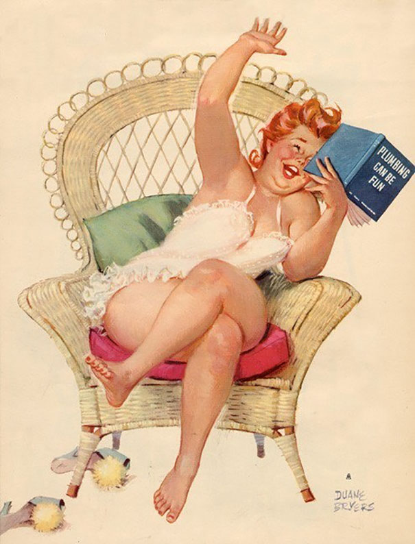 illustration of a plus-size girl reading a book on the armchair and laughing