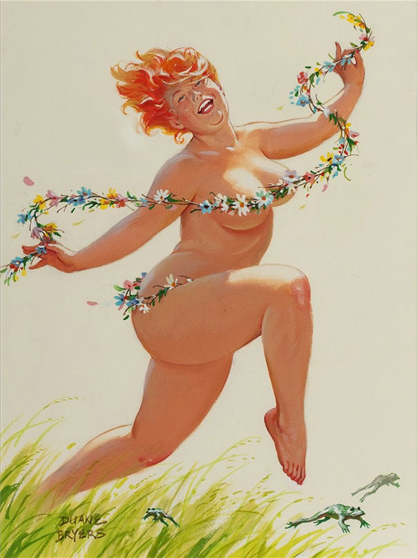 illustration of a plus-size n**e girl jumping in the field together with frogs