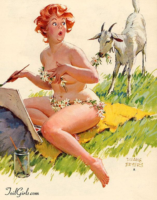 illustration of a plus-size girl painting and the goat eating her swim costume made out of camomiles