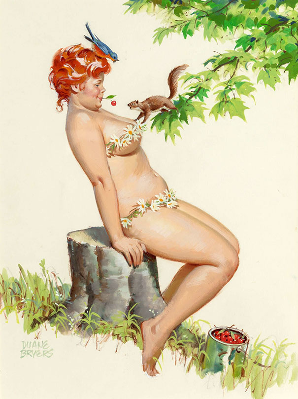 illustration of a plus-size girl sitting on the stump and a squirrel trying to take a cherry from girl's mouth