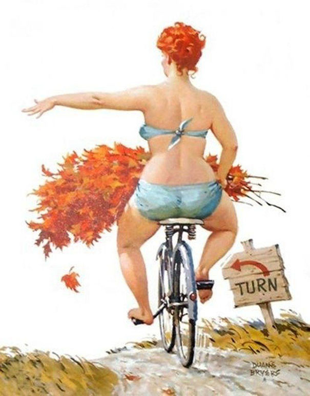 illustration of a plus-size girl riding a bike with a great amount of leaves