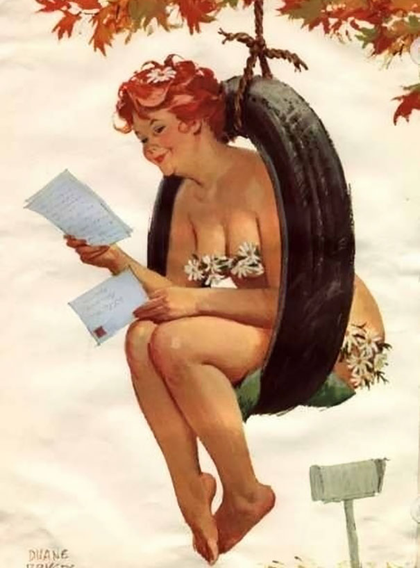 illustration of a plus-size girl swinging and reading letters
