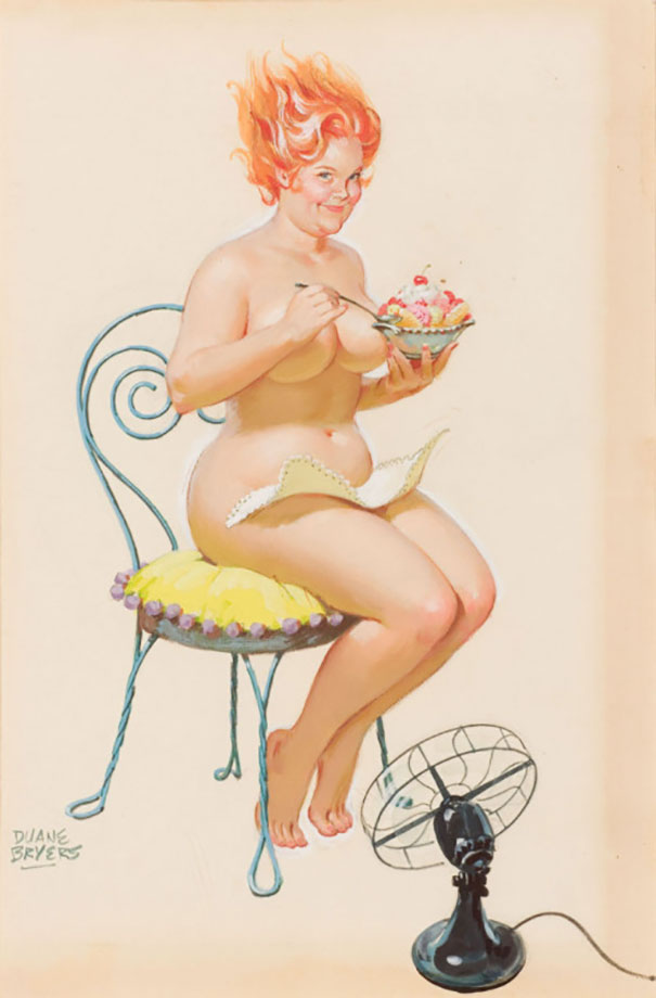 illustration of a plus-size n**e girl eating desserts on the chair against the fan