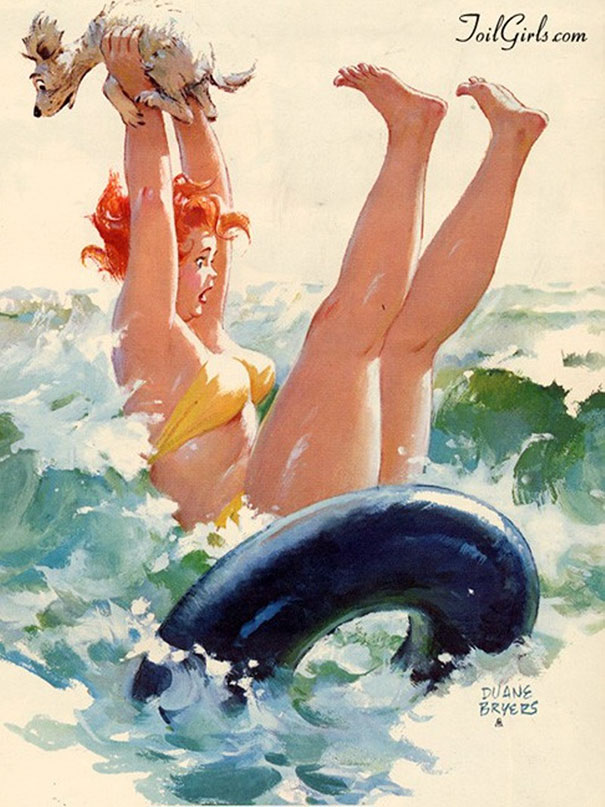 illustration of a plus-size girl fell down the tire with her dog in her hands