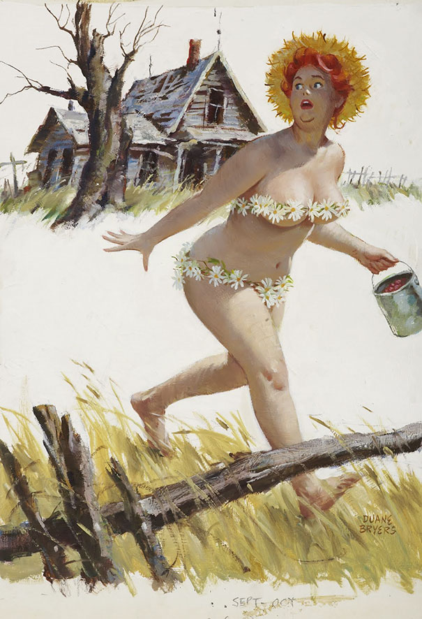 illustration of a plus-size girl going near the house with a can full of berries