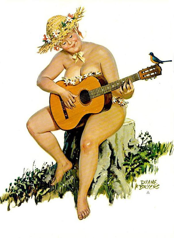 illustration of a plus-size girl playing the guitar on the stump