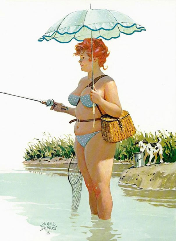 illustration of a plus-size girl fishing under the sun umbrella 