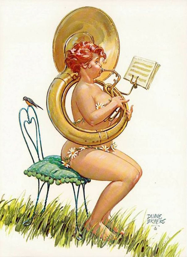 illustration of a plus-size girl playing on the tuba