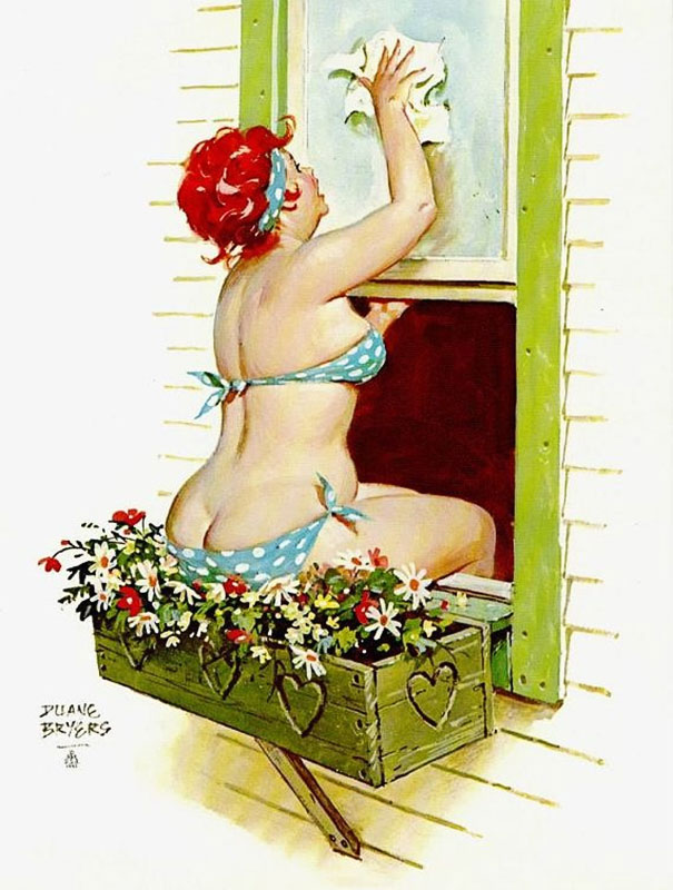 illustration of a plus-size girl sitting on the flowerbed and cleaning the window