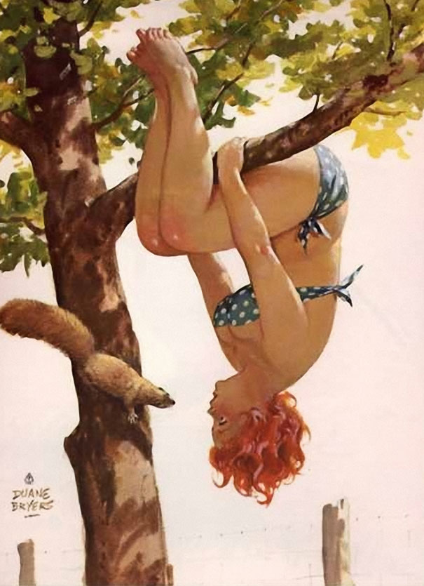 illustration of a plus-size girl hanging upside down on the tree