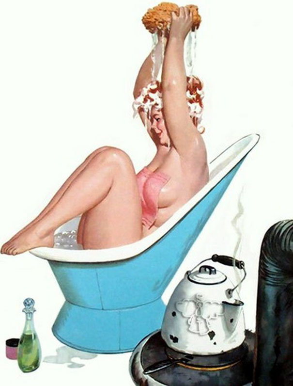 illustration of a plus-size girl washing in the bath with a kettle nearby