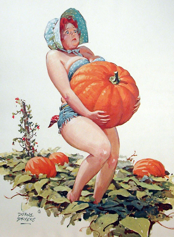illustration of a plus-size girl carrying a huge orange pumpkin