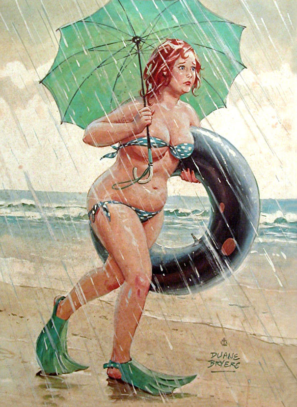 illustration of a plus-size girl running in flippers under the rain with an umbrella