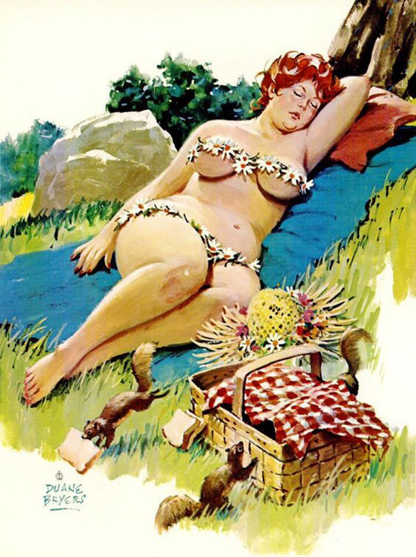 illustration of a plus-size girl sleeping near the tree and squirrels stealing the food from the basket