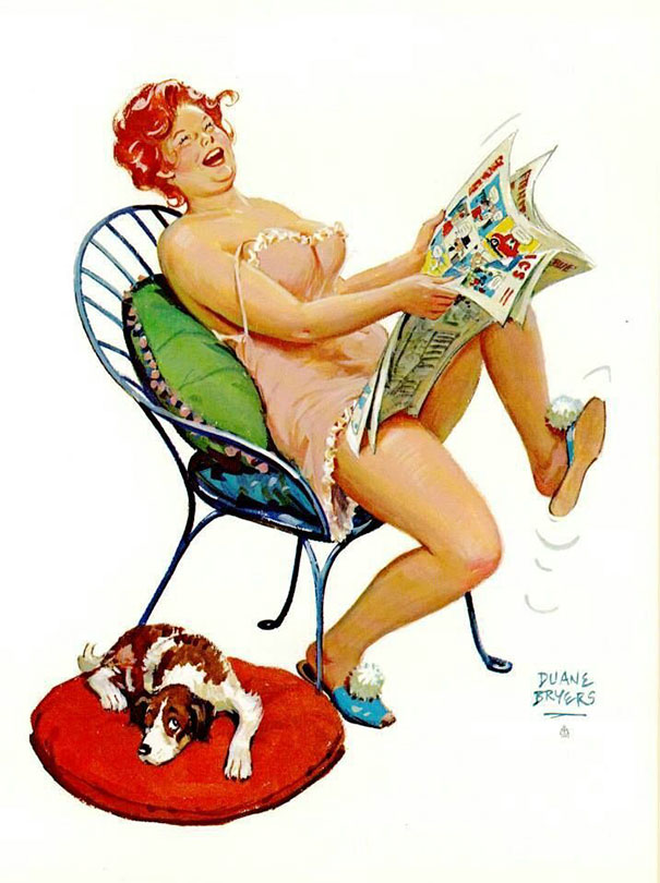 illustration of a plus-size girl reading the newspaper and laughing