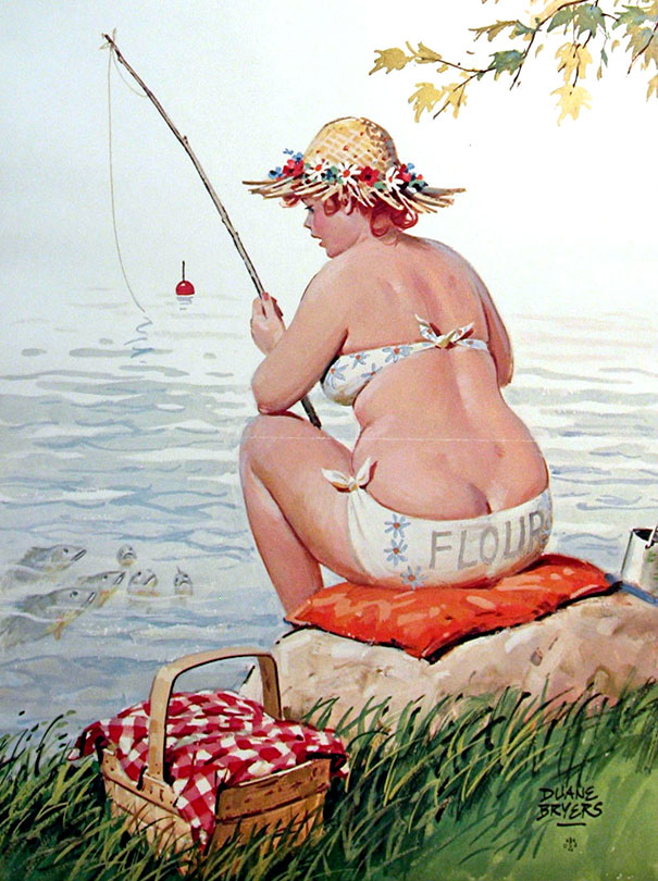 illustration of a plus-size girl fishing on the shore of the lake