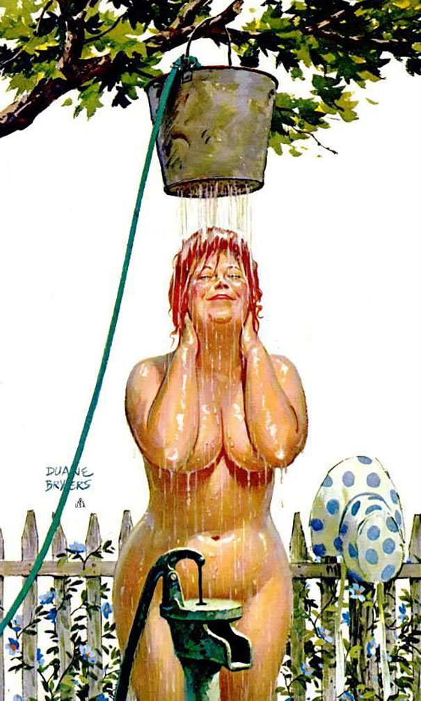 illustration of a plus-size girl taking a shower in the garden