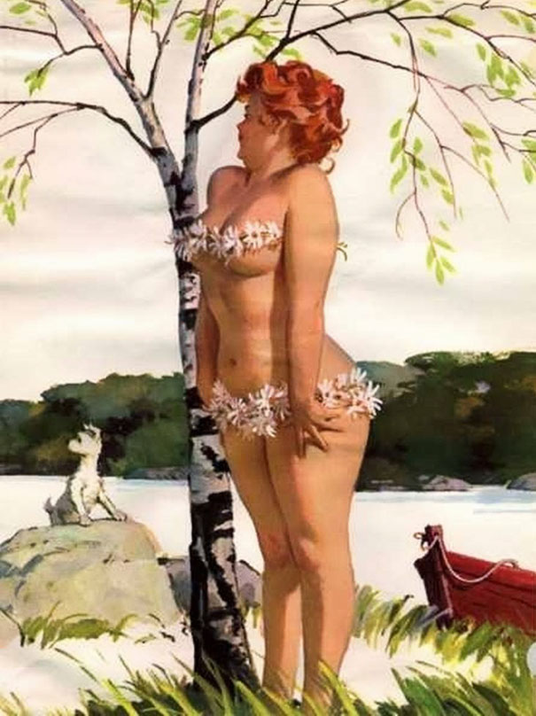 illustration of a plus-size girl standing straight near the birch