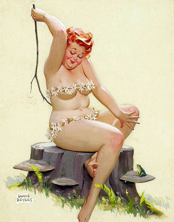illustration of a plus-size girl sitting on the stump and scratching back with a stick