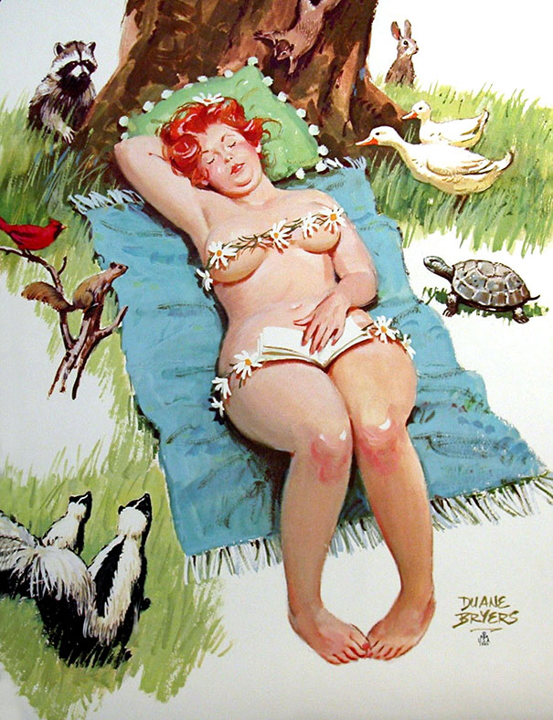 illustration of a plus-size girl having a sunbath near the tree