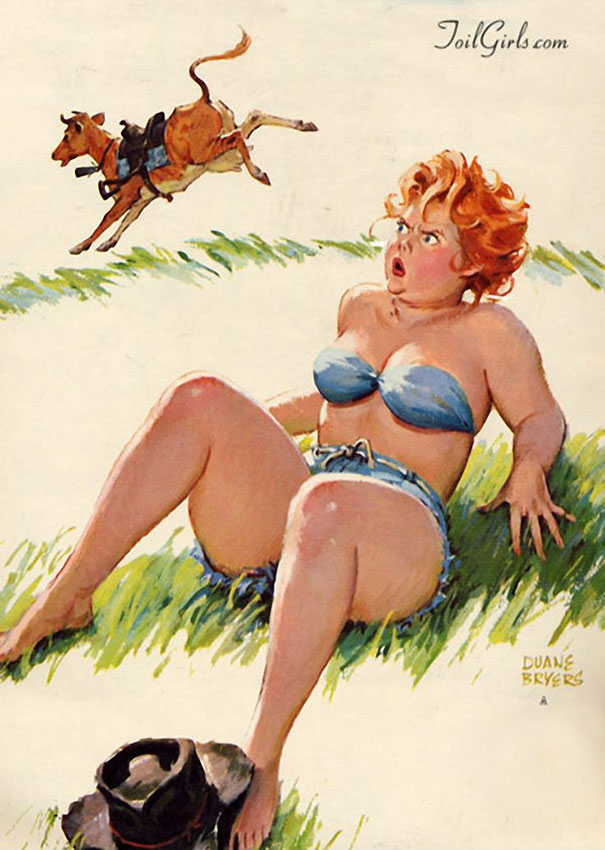 illustration of a plus-size girl sitting on the grass and looking at the cow