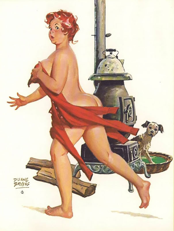 illustration of a plus-size n**e girl with a red costume in her hand going near the oven