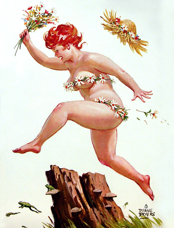 illustration of a plus-size girl jumping over the stump together with frogs