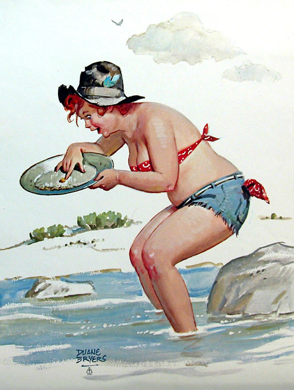 illustration of a plus-size girl searching the gold in the lake