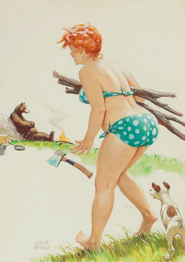 illustration of a plus-size girl walking near the bear with brushwood and an ax