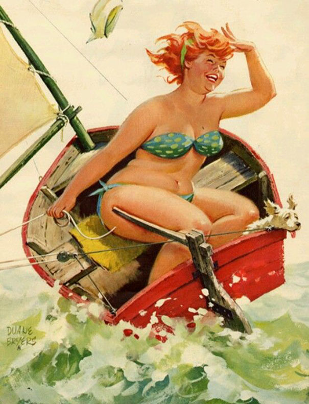 illustration of a plus-size girl swimming in a boat
