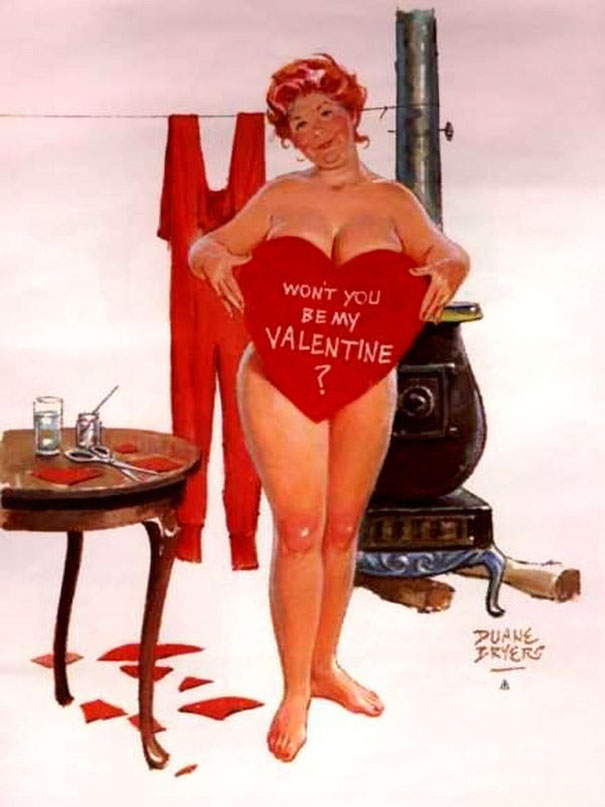 illustration of a plus-size girl wearing a valentine card instead of costume