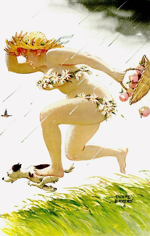 illustration of a plus-size girl running with a basket under the rain