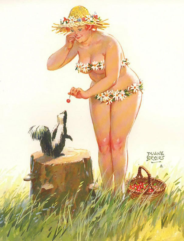 illustration of a plus-size girl feeding a skunk