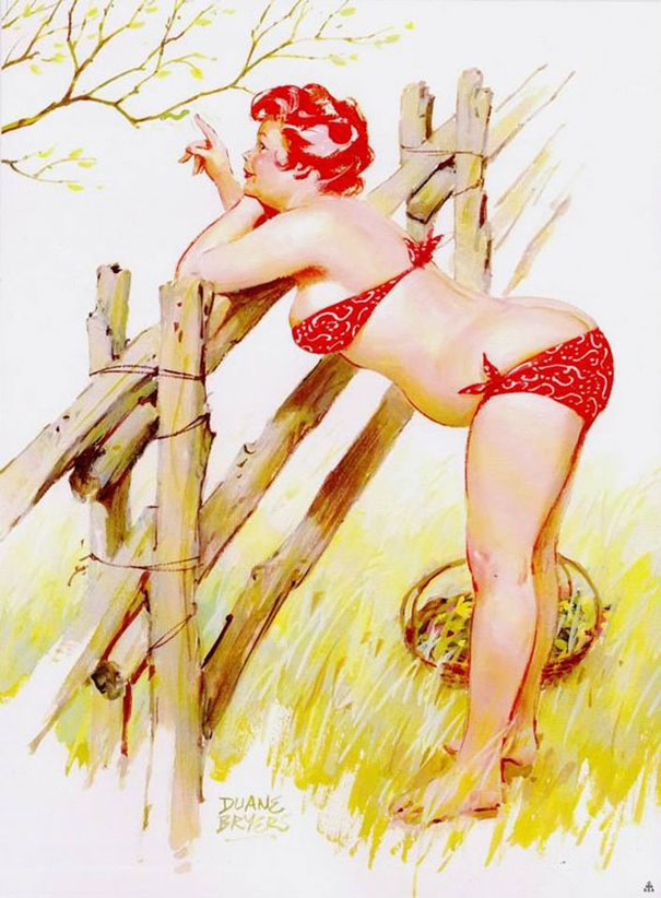 illustration of a plus-size girl leaning on her elbows on the fence and looking at the tree