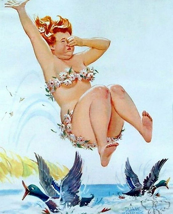 illustration of a plus-size girl diving into the lake with ducks on it