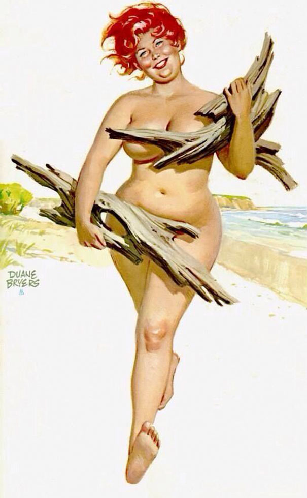 illustration of a plus-size girl walking near the shore with wood chips in her hands