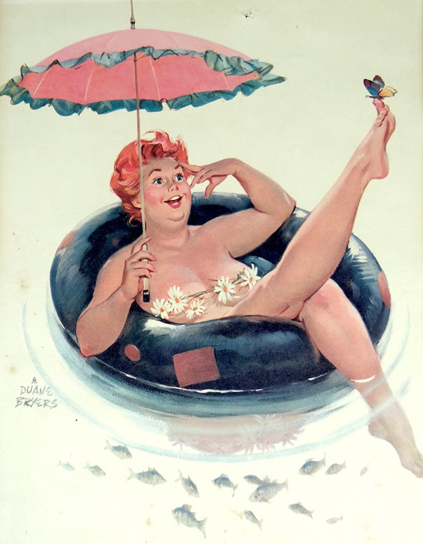 illustration of a plus-size girl swimming in the tire under the umbrella