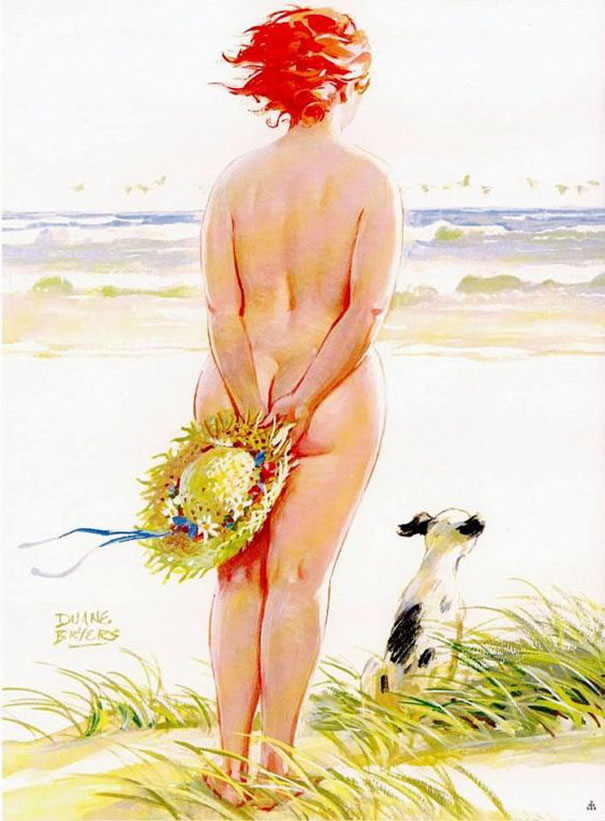 illustration of a plus-size n**e girl looking at the sea together with her dog