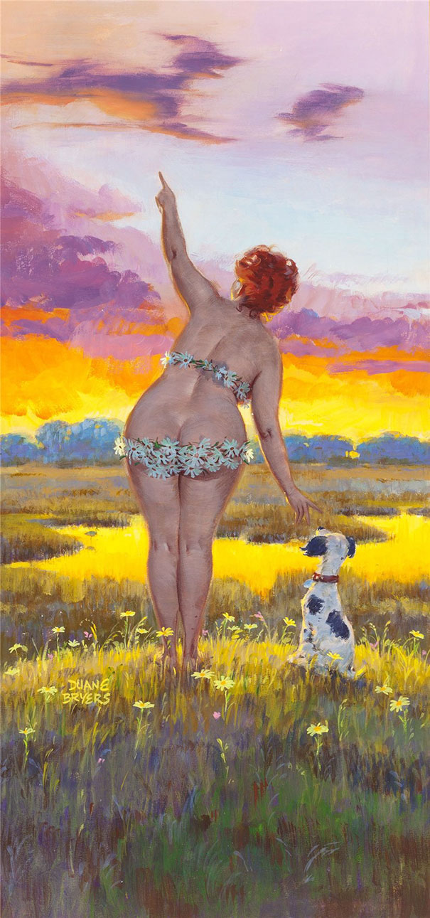 illustration of a plus-size girl in a swimsuit made out of camomiles showing something to her dog