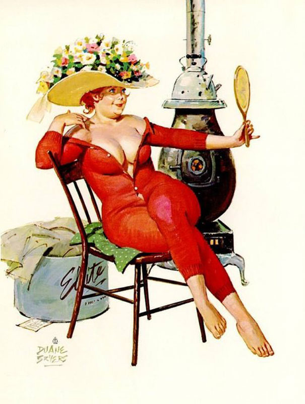 illustration of a plus-size girl looking into the mirror in a huge hat full of flowers