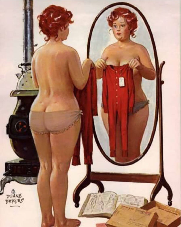 illustration of a plus-size girl looking at the mirror with a red costume in her hands