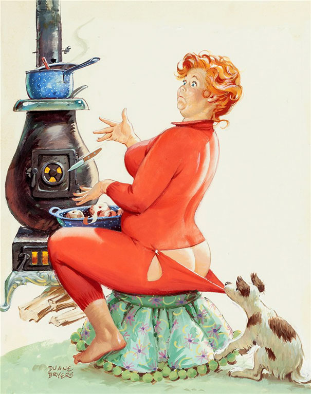 illustration of a plus-size girl peeling the vegatables near the oven and the dog pulling her by pants